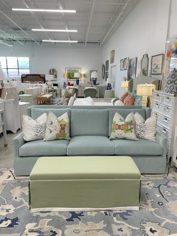 Long upholstered ottoman / bench  In green performance fabric with white trim - Image 3