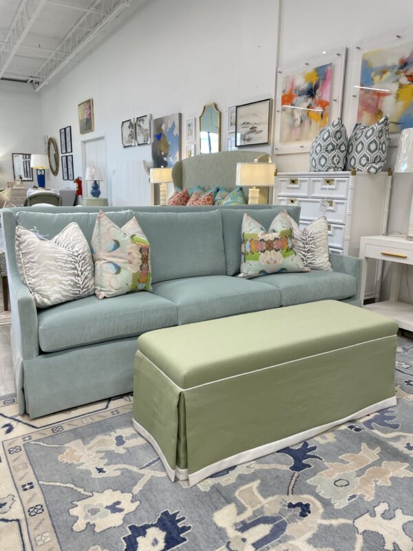 Long upholstered ottoman / bench  In green performance fabric with white trim - Image 2