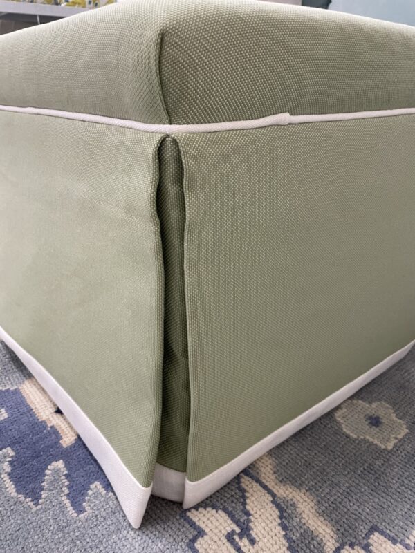 Long upholstered ottoman / bench  In green performance fabric with white trim - Image 4