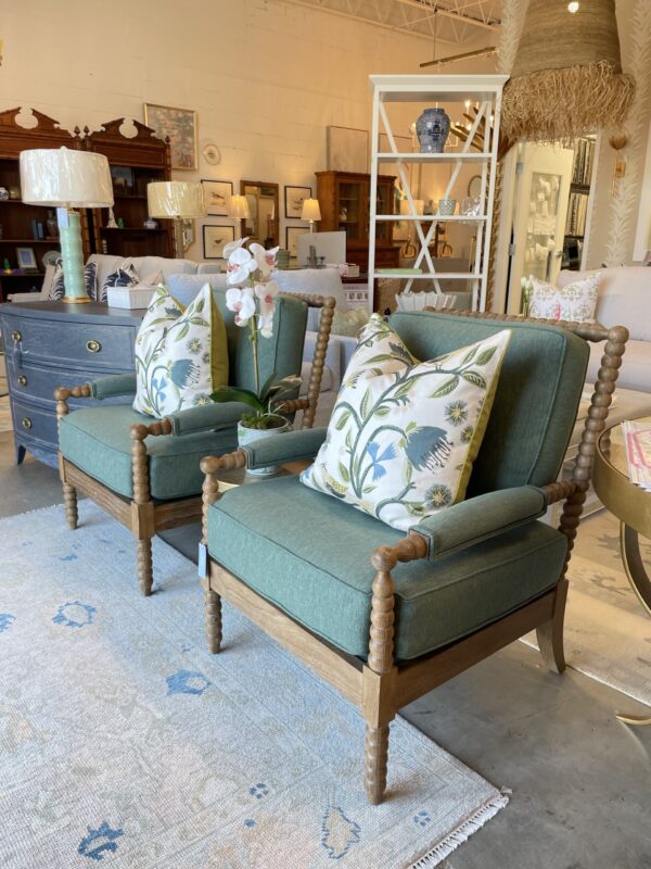 Set of wooden spindle leg green performance fabric chairs/$1275 each - Image 3