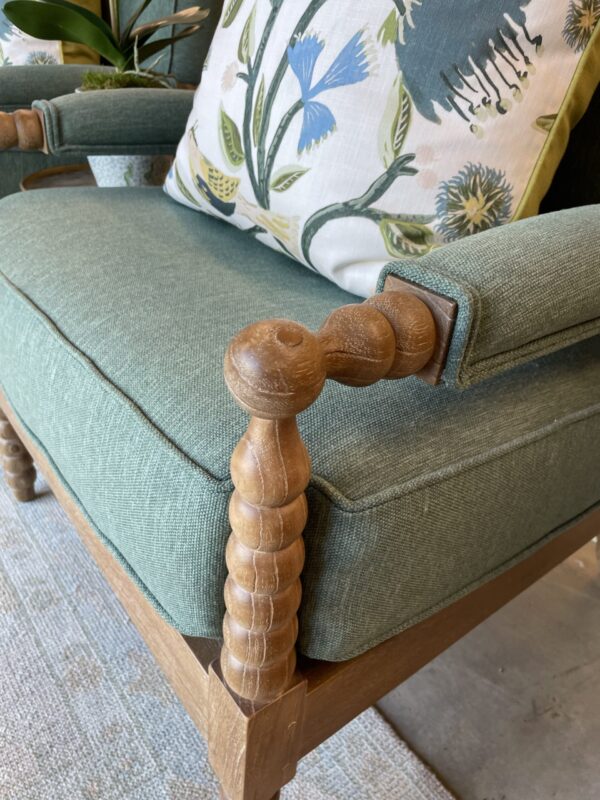 Set of wooden spindle leg green performance fabric chairs/$1275 each - Image 4
