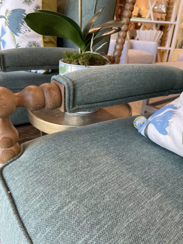 Set of wooden spindle leg green performance fabric chairs/$1275 each - Image 5