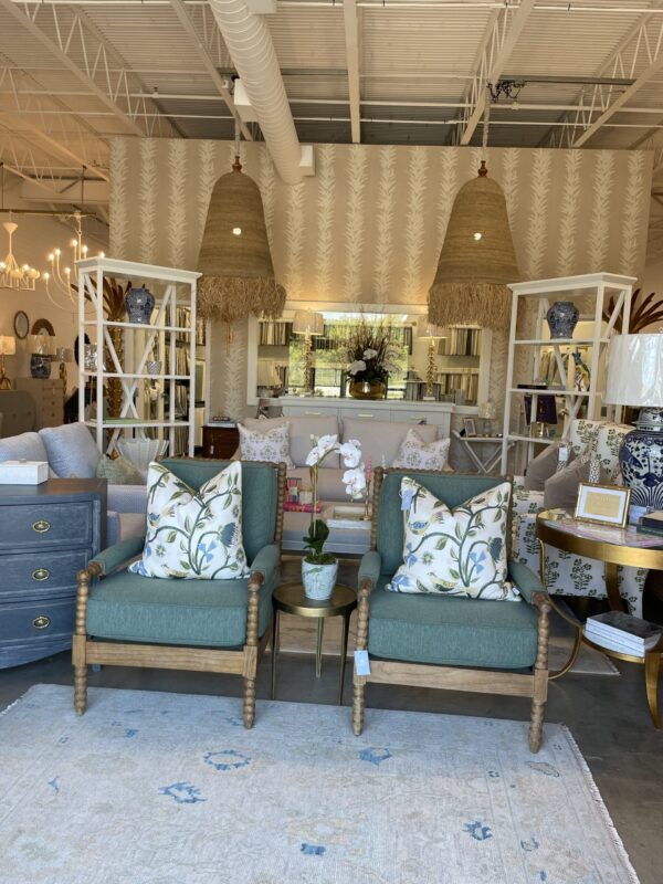 Set of wooden spindle leg green performance fabric chairs/$1275 each