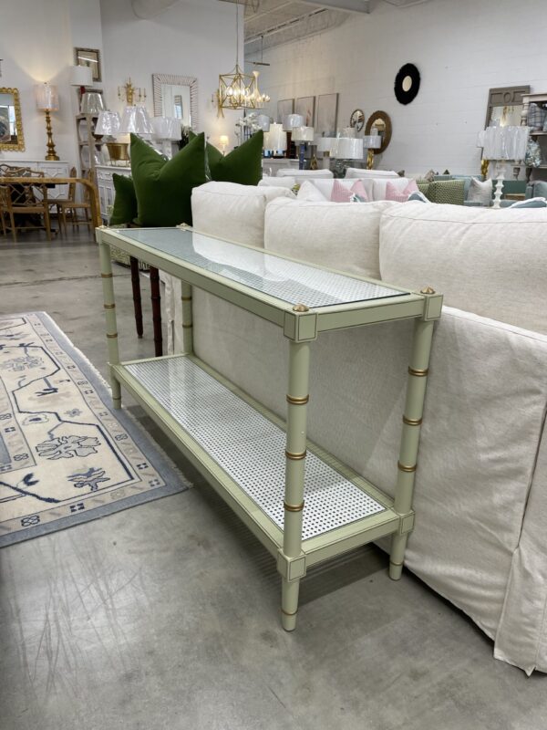 Pale green and gold open cane console table with glass top!