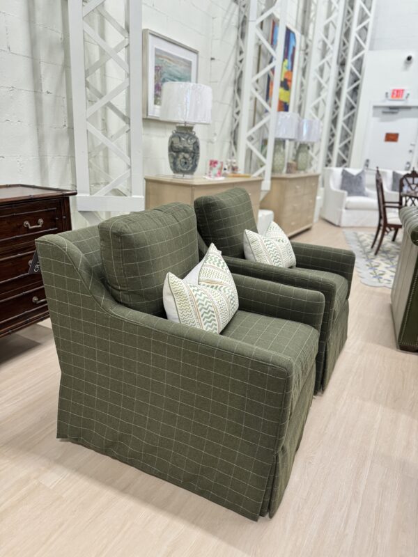 Jennifer swivel chair set covered in wool fabric foxcroft moss!! Sold as a set $2650 - Image 6