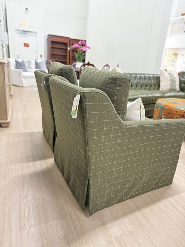 Jennifer swivel chair set covered in wool fabric foxcroft moss!! Sold as a set $2650 - Image 4