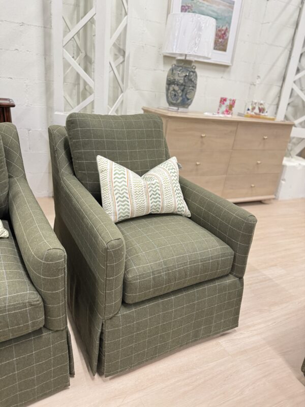 Jennifer swivel chair set covered in wool fabric foxcroft moss!! Sold as a set $2650 - Image 3