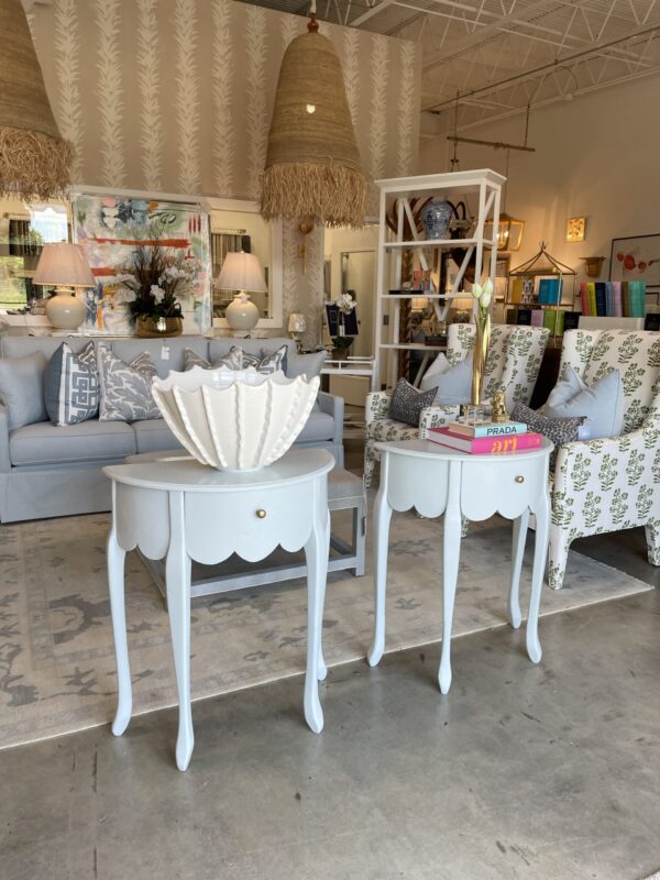 Vintage Demilune scalloped table set! Lacquered in a baby blue!!
$775 each