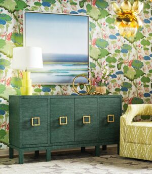 Effie sideboard with glass top and green grass cloth exterior