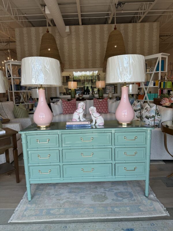 Poppy's Signature Glass Top 9 Drawer Faux Bamboo Dresser | Benjamin Moore Harrisburg Green - Image 6