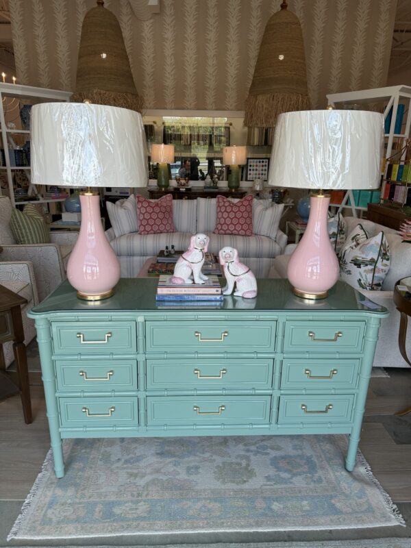Poppy's Signature Glass Top 9 Drawer Faux Bamboo Dresser | Benjamin Moore Harrisburg Green