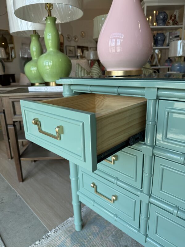 Poppy's Signature Glass Top 9 Drawer Faux Bamboo Dresser | Benjamin Moore Harrisburg Green - Image 4
