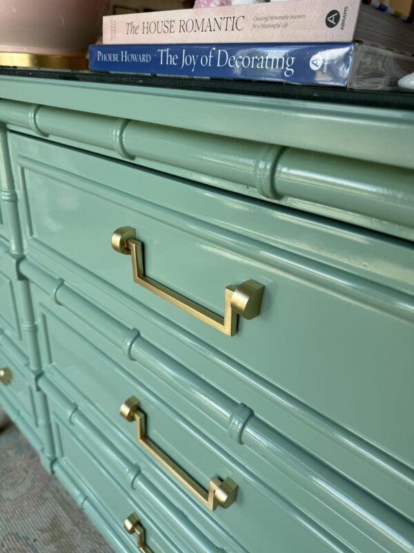 Poppy's Signature Glass Top 9 Drawer Faux Bamboo Dresser | Benjamin Moore Harrisburg Green - Image 5