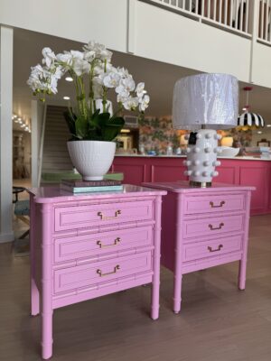 NEW | Poppys Line | Reynolds Night Stand Set faux bamboo lacquered in pink begonia - $1400 each