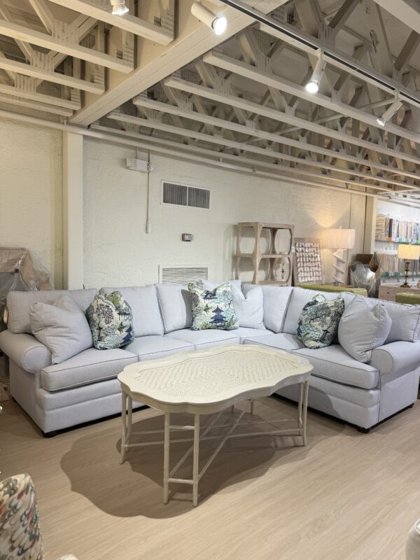 KINCAID 96 x115 ” sectional! Covered in high performance sunbrella fabric blue tiking stripe !! Rolled arm, skirted, luxury depth, & convoluxe cushion fill!