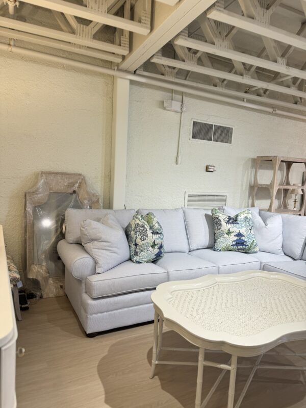 KINCAID 96 x115 ” sectional! Covered in high performance sunbrella fabric blue tiking stripe !! Rolled arm, skirted, luxury depth, & convoluxe cushion fill! - Image 6