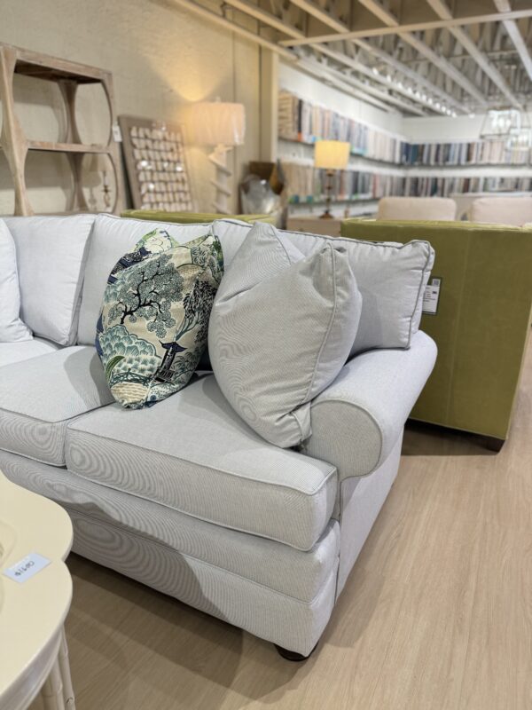 KINCAID 96 x115 ” sectional! Covered in high performance sunbrella fabric blue tiking stripe !! Rolled arm, skirted, luxury depth, & convoluxe cushion fill! - Image 2