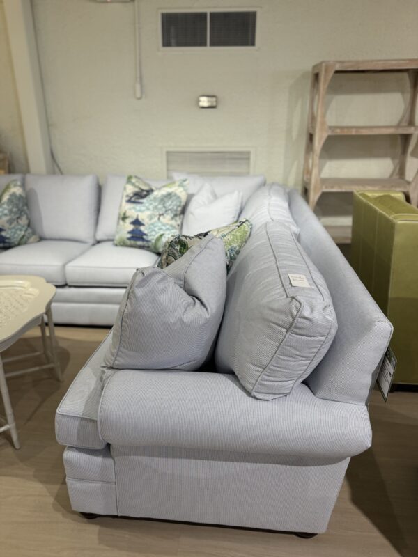 KINCAID 96 x115 ” sectional! Covered in high performance sunbrella fabric blue tiking stripe !! Rolled arm, skirted, luxury depth, & convoluxe cushion fill! - Image 3