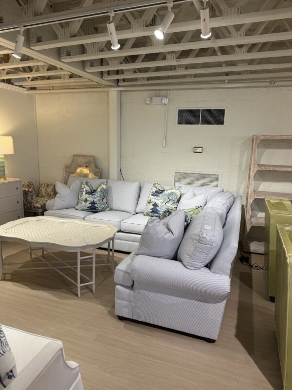 KINCAID 96 x115 ” sectional! Covered in high performance sunbrella fabric blue tiking stripe !! Rolled arm, skirted, luxury depth, & convoluxe cushion fill! - Image 4
