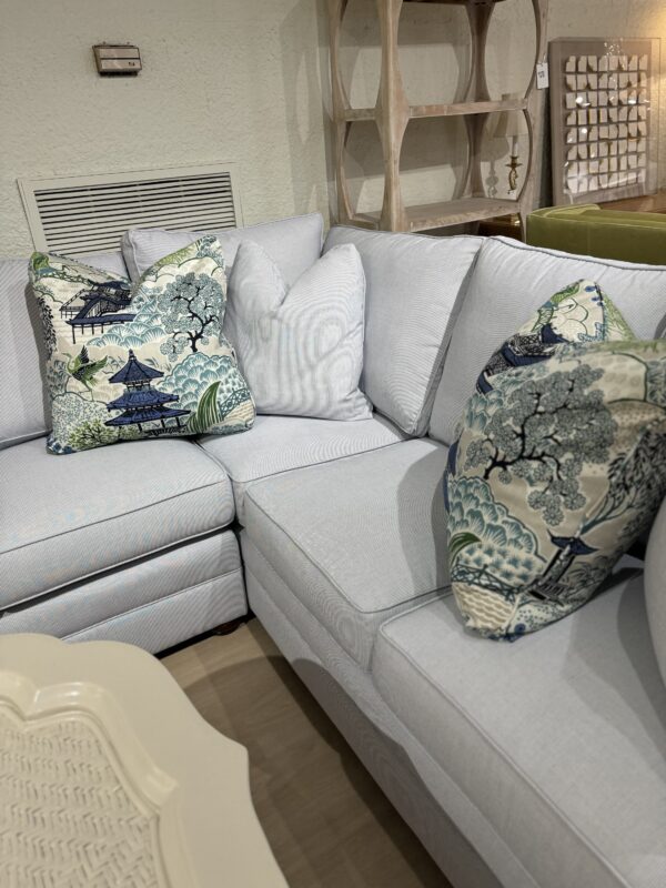 KINCAID 96 x115 ” sectional! Covered in high performance sunbrella fabric blue tiking stripe !! Rolled arm, skirted, luxury depth, & convoluxe cushion fill! - Image 5