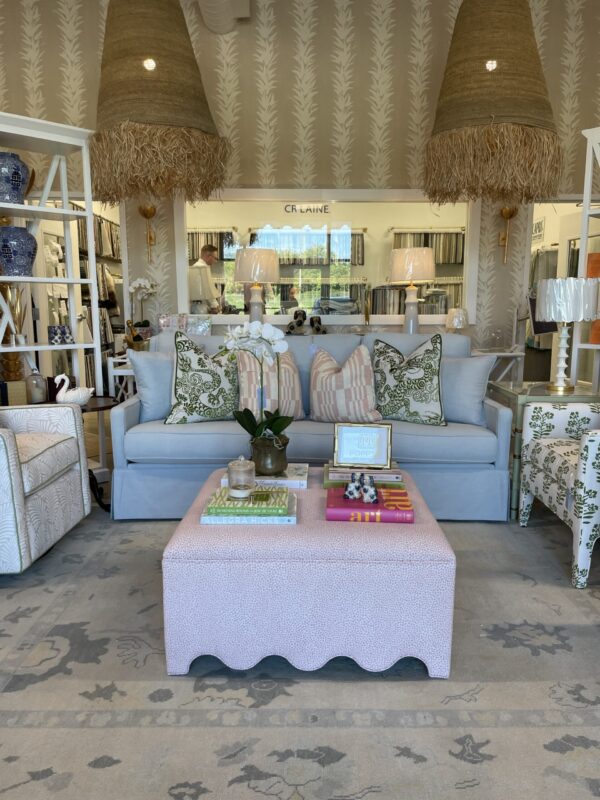 Scalloped pink spots fabric upholstered square ottoman! - Image 2