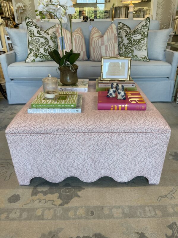 Scalloped pink spots fabric upholstered square ottoman! - Image 8