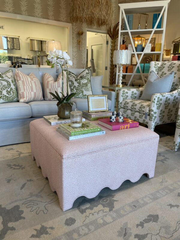 Scalloped pink spots fabric upholstered square ottoman!