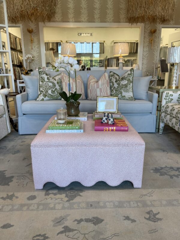 Scalloped pink spots fabric upholstered square ottoman! - Image 3