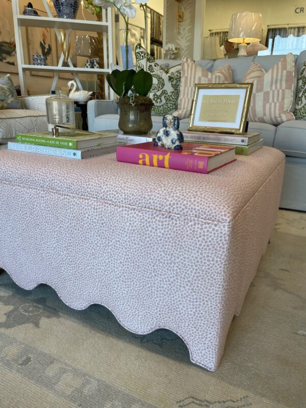 Scalloped pink spots fabric upholstered square ottoman! - Image 4