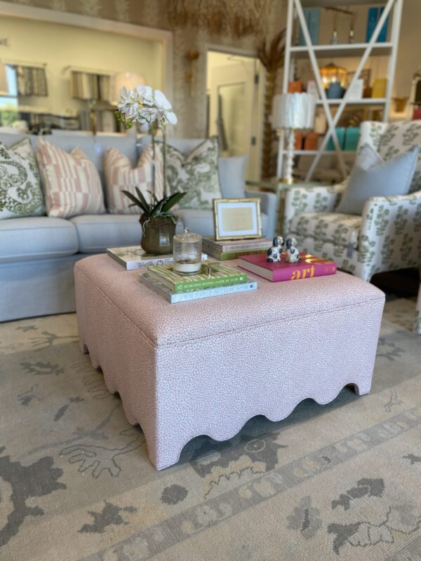 Scalloped pink spots fabric upholstered square ottoman! - Image 5