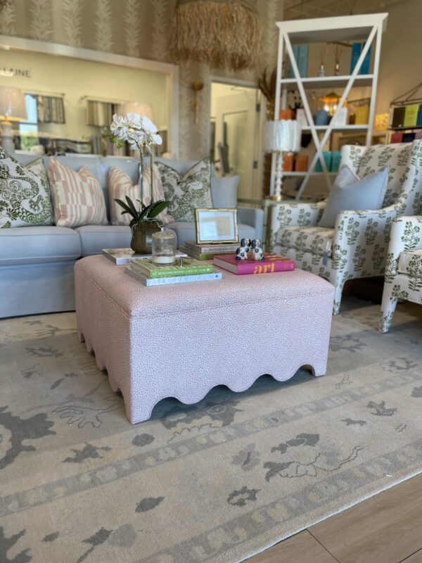 Scalloped pink spots fabric upholstered square ottoman! - Image 6