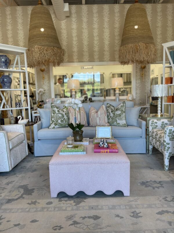 Scalloped pink spots fabric upholstered square ottoman! - Image 7