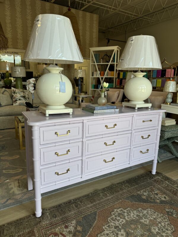 Lacquered 9 drawer faux bamboo dresser - poppys line - color BM spring lilac - Image 6