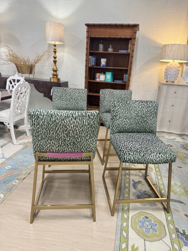 Set of (4) Custom counter Stools | emerald green flex, upholstery with pink velvet detailing on the back $1400 each - Image 6