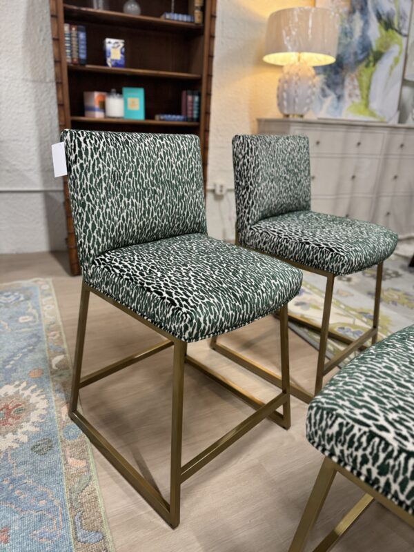 Set of (4) Custom counter Stools | emerald green flex, upholstery with pink velvet detailing on the back $1400 each - Image 4