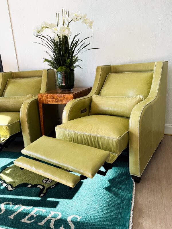 Set of (2) Hudson Genuine Leather Electric Recliners | Celadon w/ Contrast Suede Welting