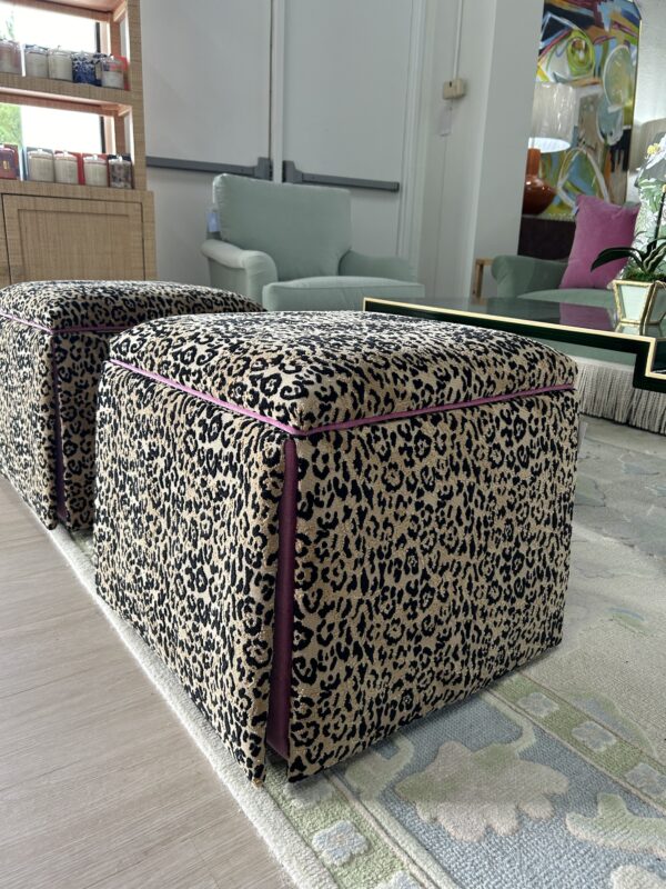 Set of (2) Skirted Rolling Storage Ottomans | Leopard Print w/ Pink Trim