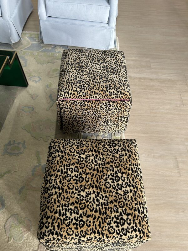 Set of (2) Skirted Rolling Storage Ottomans | Leopard Print w/ Pink Trim - Image 2