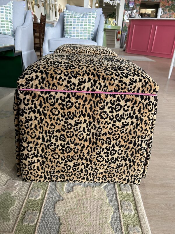 Set of (2) Skirted Rolling Storage Ottomans | Leopard Print w/ Pink Trim - Image 3