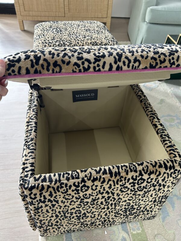 Set of (2) Skirted Rolling Storage Ottomans | Leopard Print w/ Pink Trim - Image 4