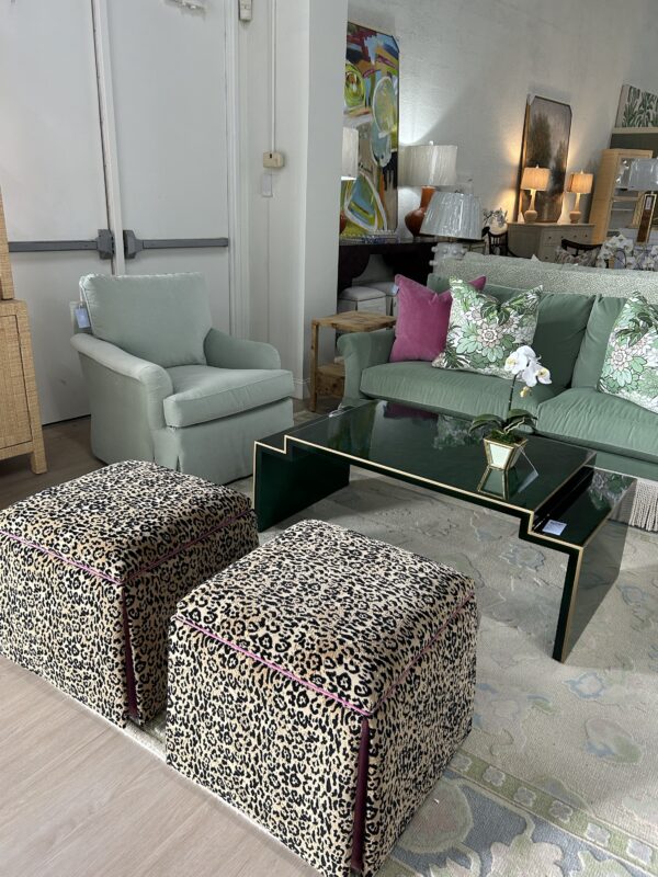 Set of (2) Skirted Rolling Storage Ottomans | Leopard Print w/ Pink Trim - Image 5
