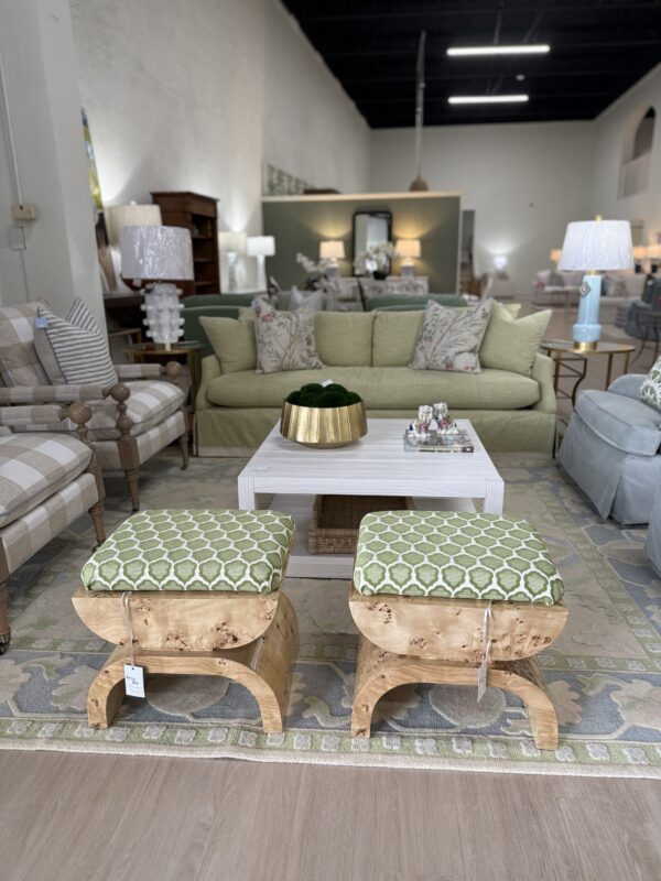 Set of custom Burwood Ottomans covered in a green Thibaut fabric - Image 6