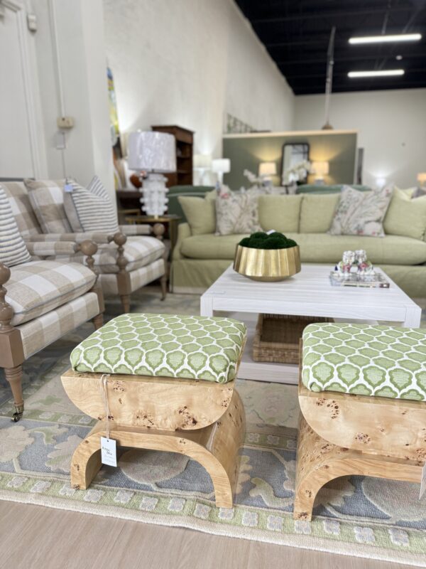 Set of custom Burwood Ottomans covered in a green Thibaut fabric - Image 4