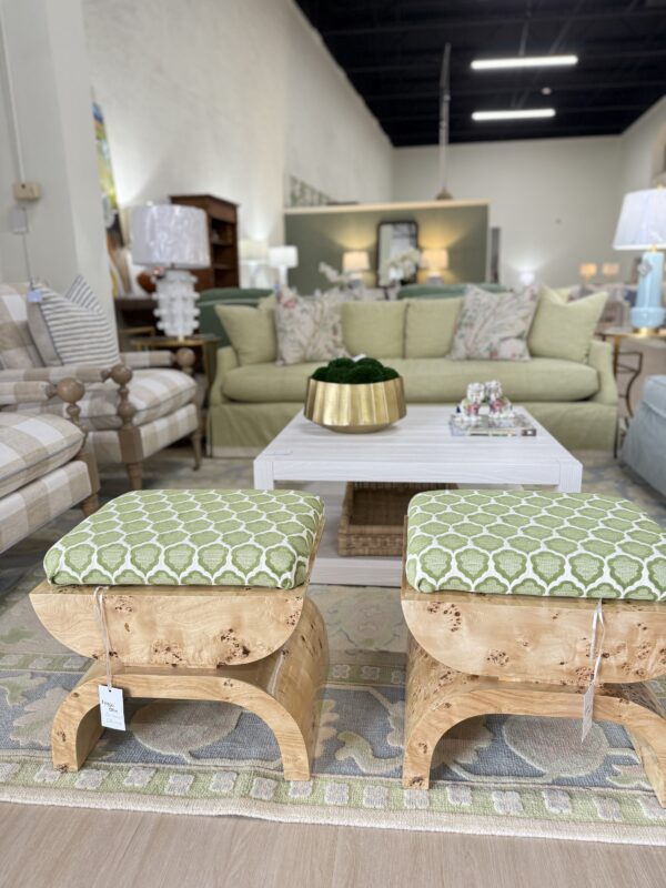 Set of custom Burwood Ottomans covered in a green Thibaut fabric - Image 5