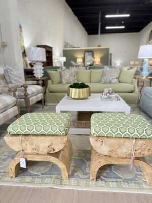 Set of custom Burwood Ottomans covered in a green Thibaut fabric