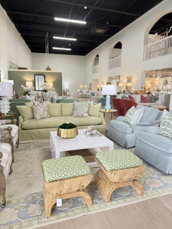Set of custom Burwood Ottomans covered in a green Thibaut fabric - Image 3