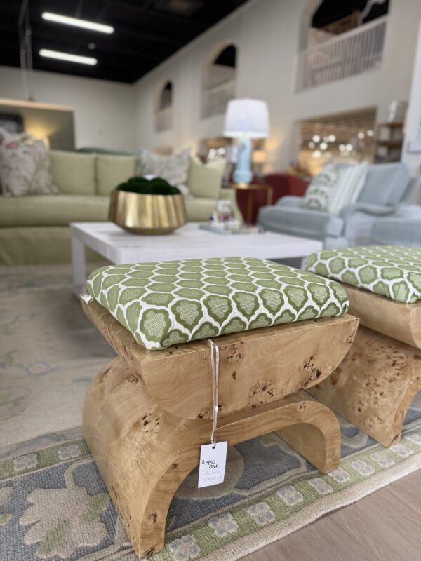Set of custom Burwood Ottomans covered in a green Thibaut fabric - Image 2