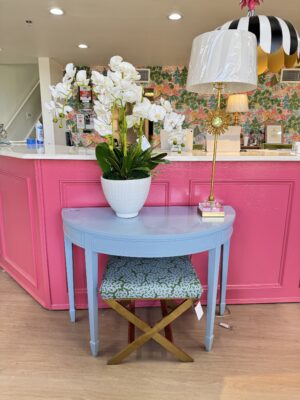 Vintage Demi lune table lacquered in Benjamin Moore summer day
