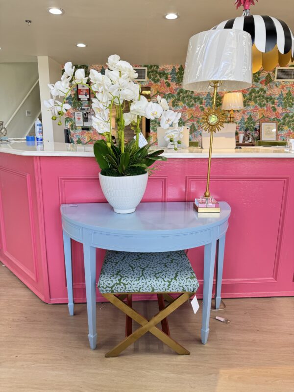 Vintage Demi lune table lacquered in Benjamin Moore summer day
