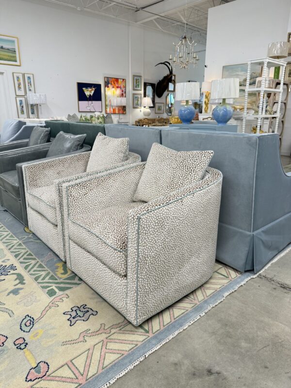 Swivel spotted chair set with luxery down blend cushuon fill 
$2550 each fabric Torrey snow and banks shale welt